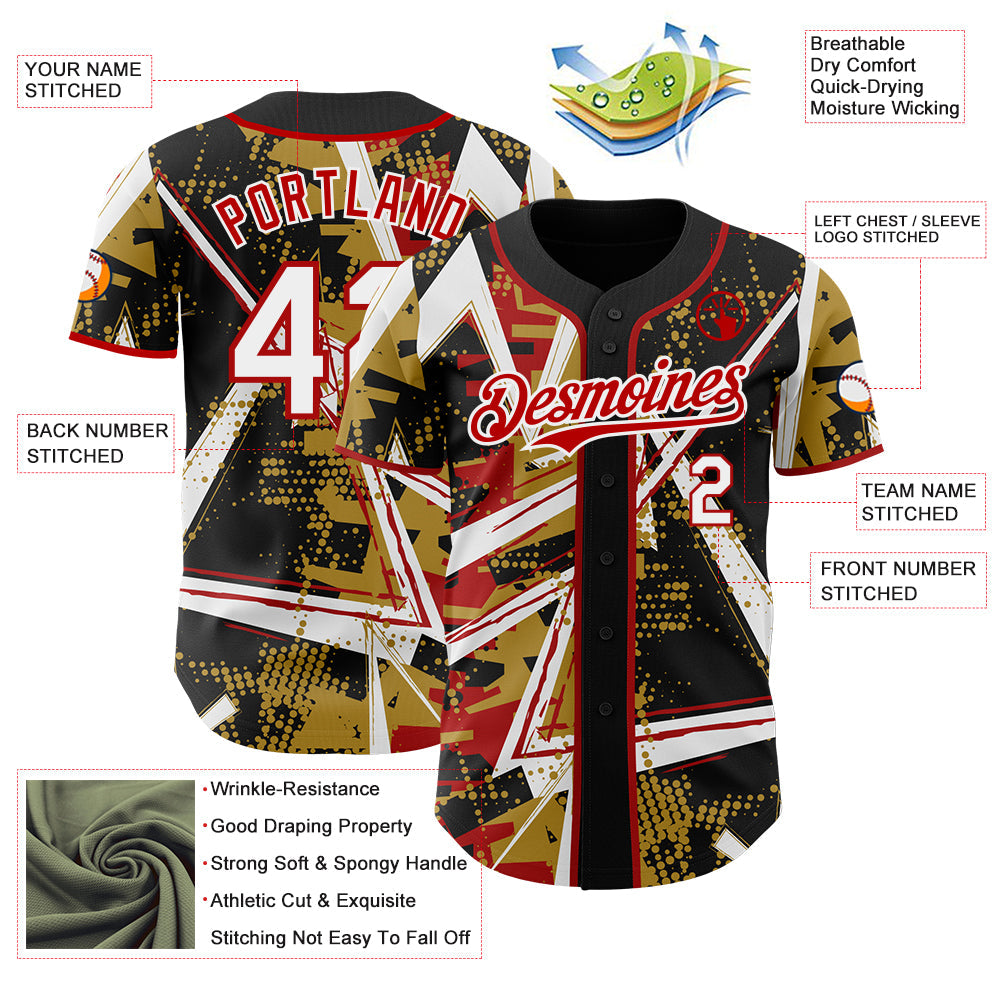 Custom Black White Old Gold-Red Geometric Shards Dot Grid Authentic Baseball Jersey