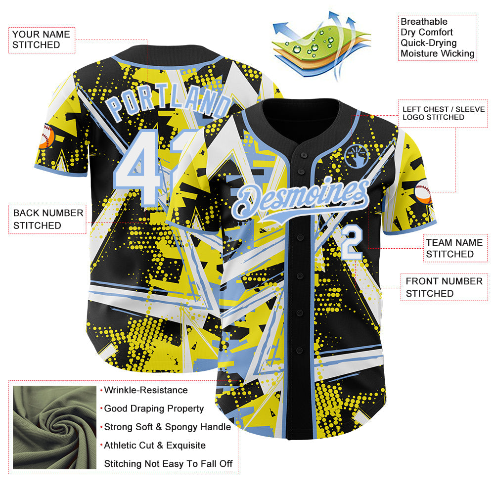 Custom Black White Light Yellow-Light Blue Geometric Shards Dot Grid Authentic Baseball Jersey