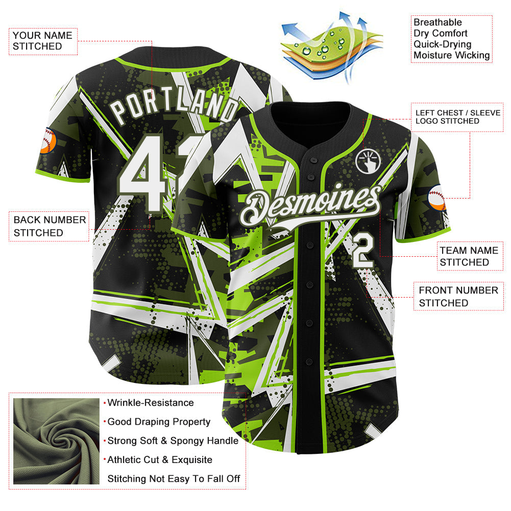 Custom Black White Neon Green-Olive Geometric Shards Dot Grid Authentic Baseball Jersey
