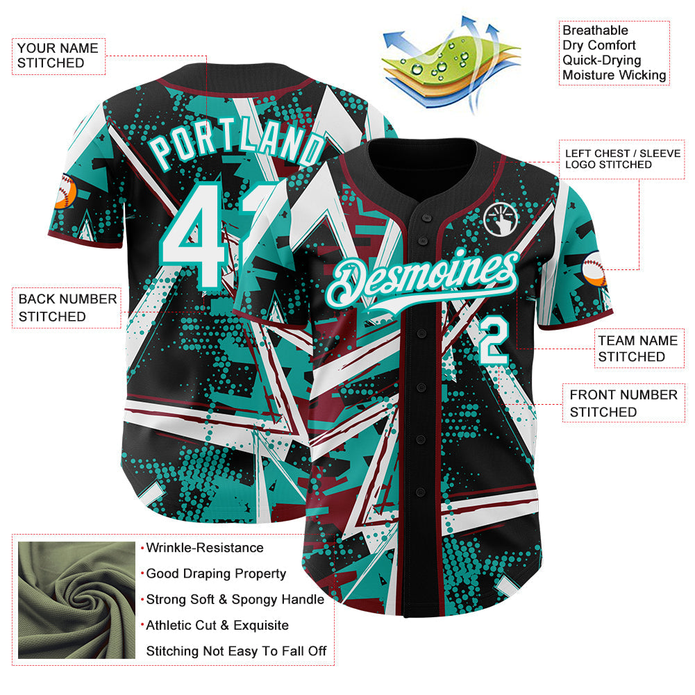 Custom Black White Crimson-Aqua Geometric Shards Dot Grid Authentic Baseball Jersey