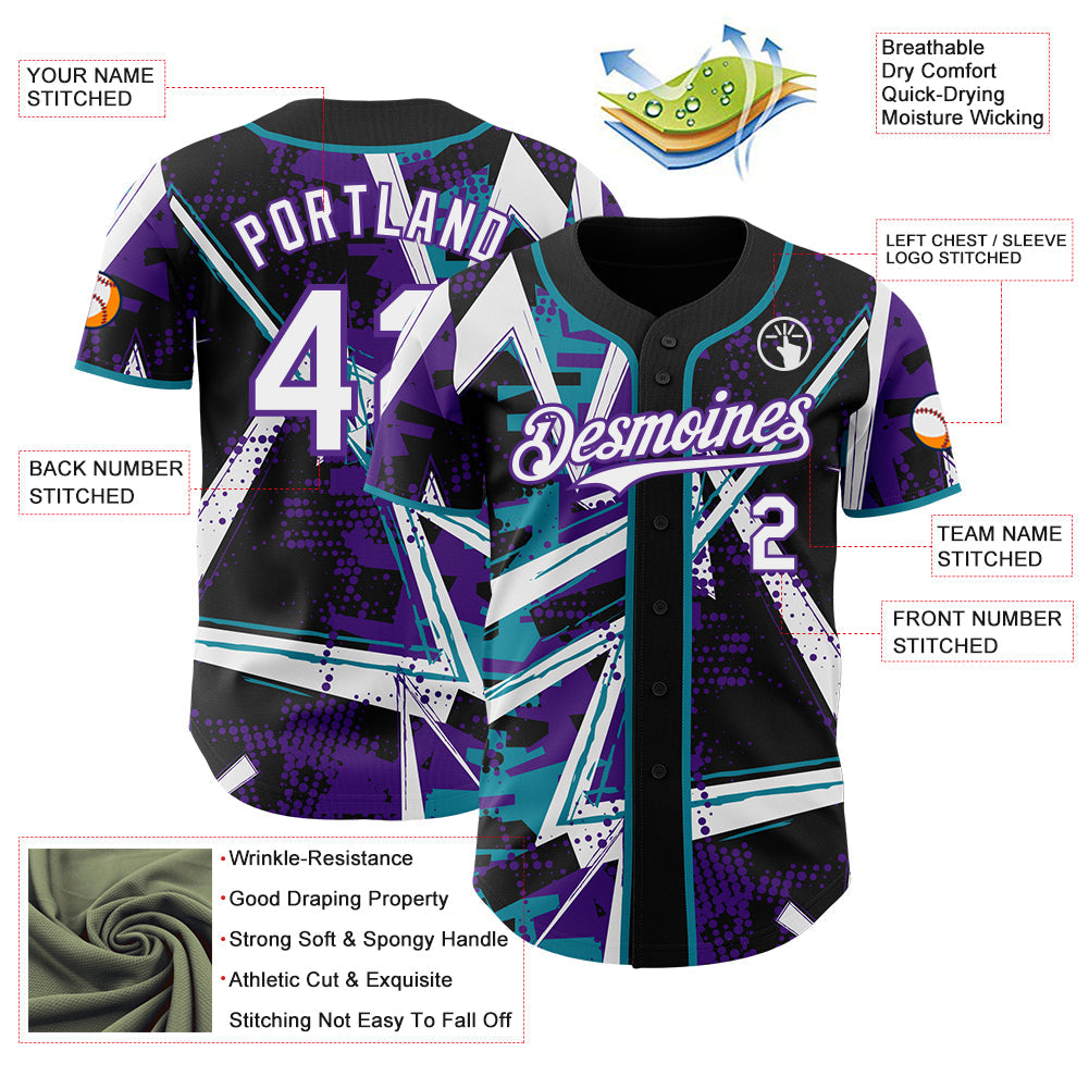 Custom Black White Teal-Purple Geometric Shards Dot Grid Authentic Baseball Jersey