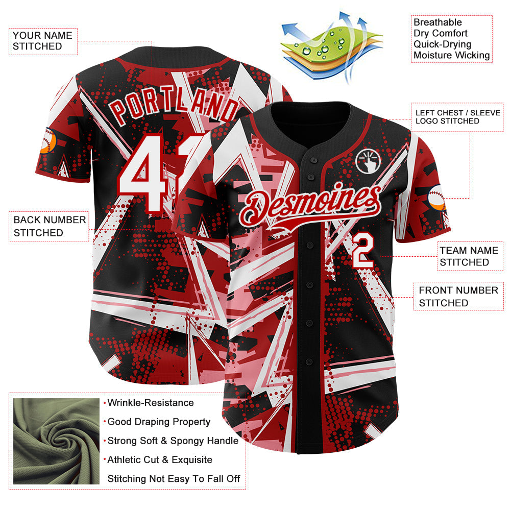 Custom Black White Medium Pink-Red Geometric Shards Dot Grid Authentic Baseball Jersey