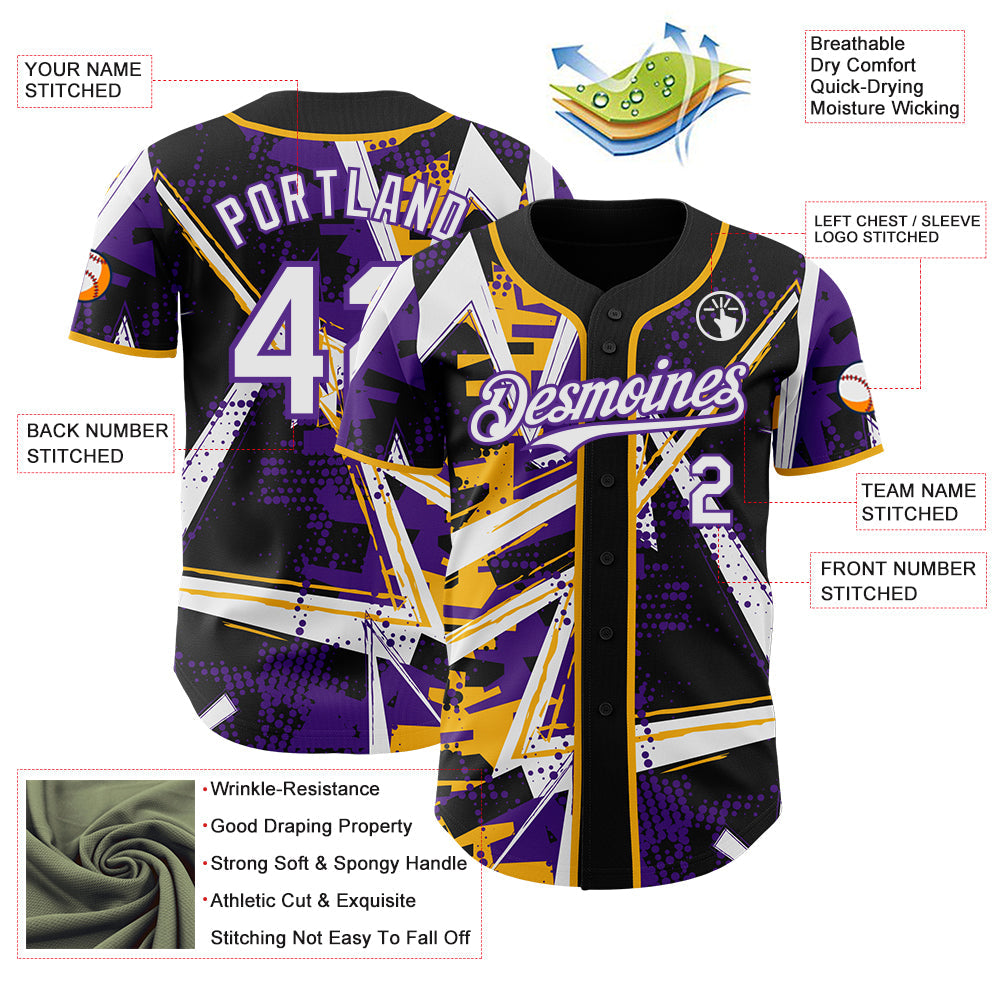 Custom Black White Gold-Purple Geometric Shards Dot Grid Authentic Baseball Jersey