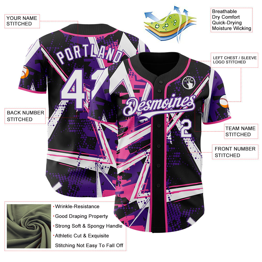 Custom Black White Pink-Purple Geometric Shards Dot Grid Authentic Baseball Jersey