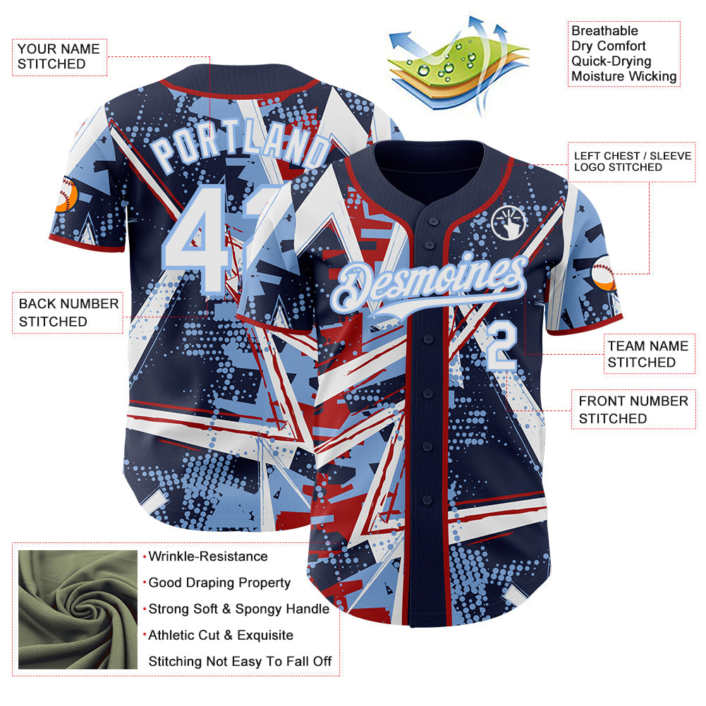 Custom Navy White Red-Light Blue Geometric Shards Dot Grid Authentic Baseball Jersey