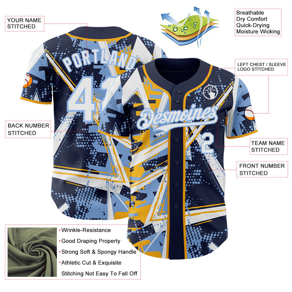 Custom Navy White Gold-Light Blue Geometric Shards Dot Grid Authentic Baseball Jersey