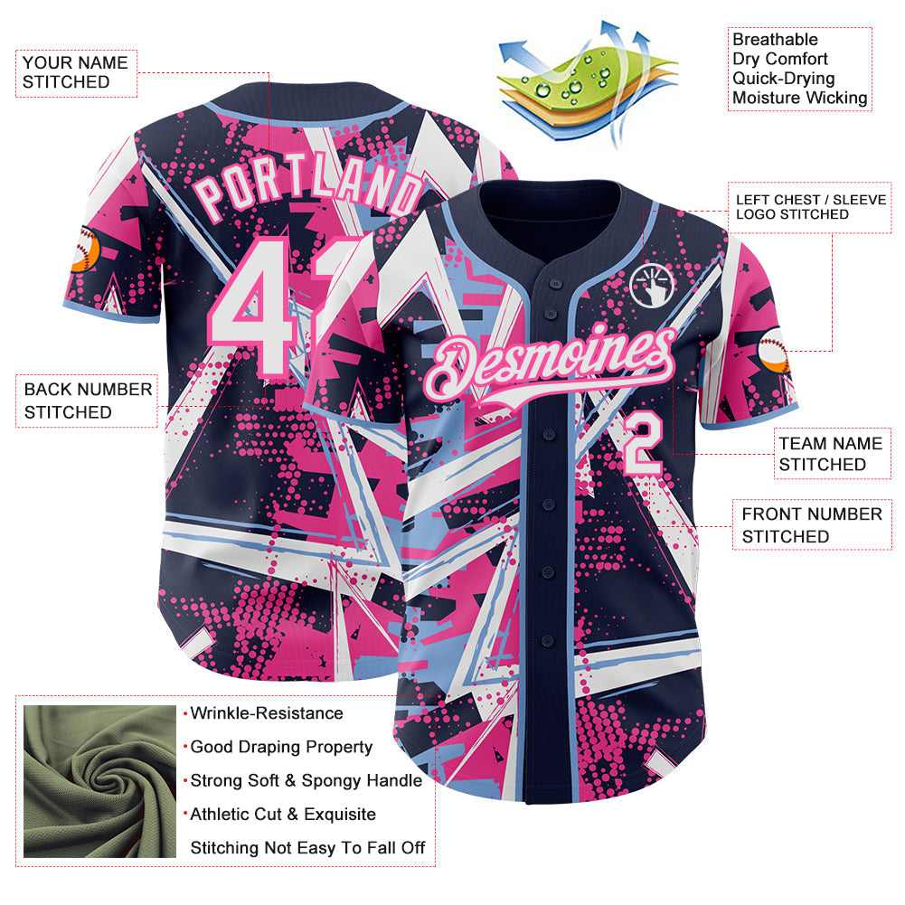 Custom Navy White Light Blue-Pink Geometric Shards Dot Grid Authentic Baseball Jersey