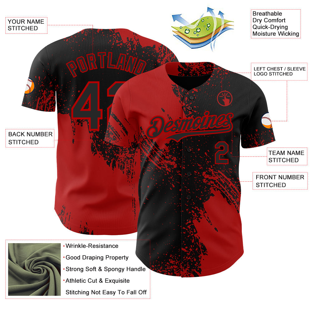 Custom Black-Red Abstract Brush Stroke Authentic Baseball Jersey
