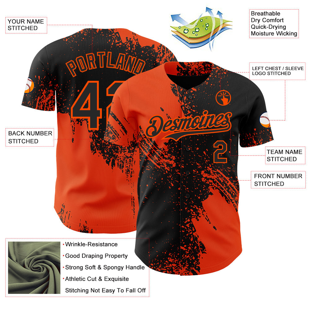 Custom Black-Orange Abstract Brush Stroke Authentic Baseball Jersey