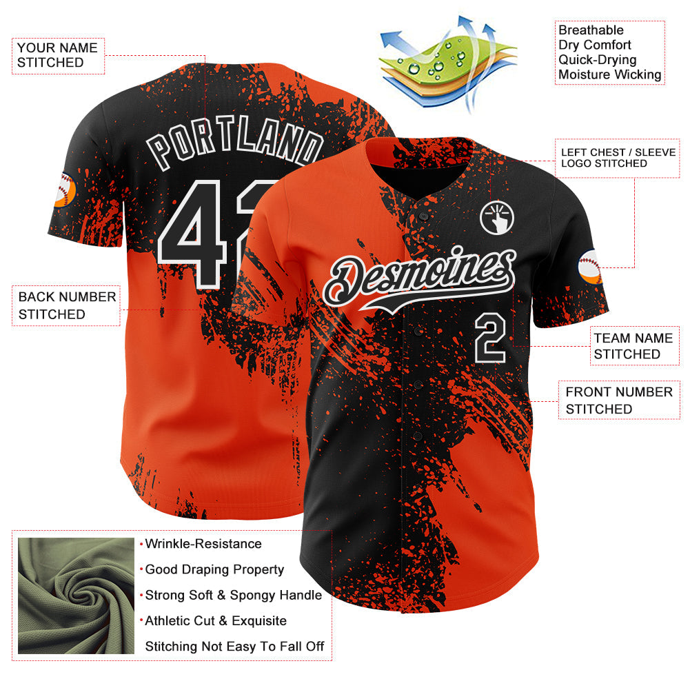 Custom Black Orange-White Abstract Brush Stroke Authentic Baseball Jersey
