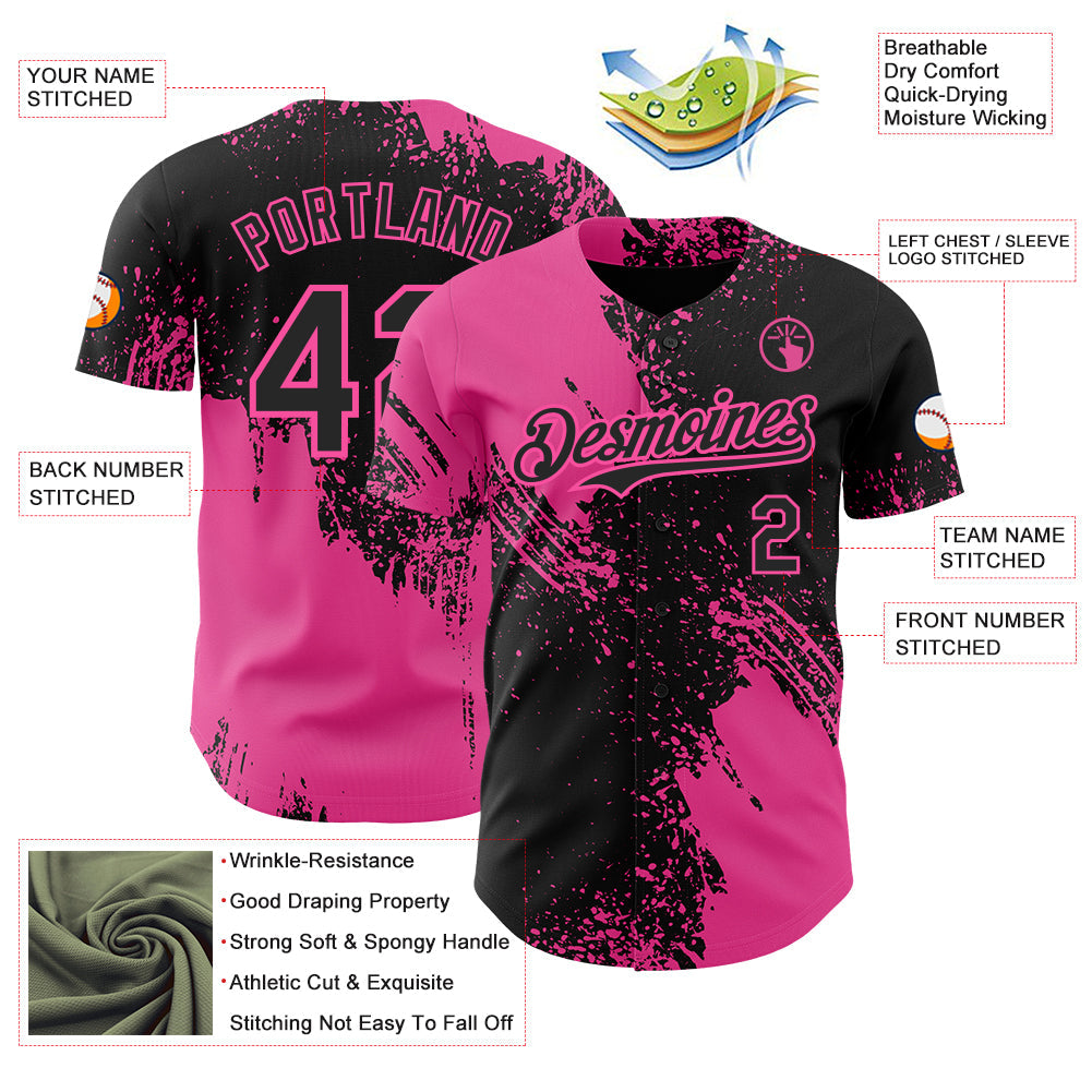 Custom Black-Pink Abstract Brush Stroke Authentic Baseball Jersey