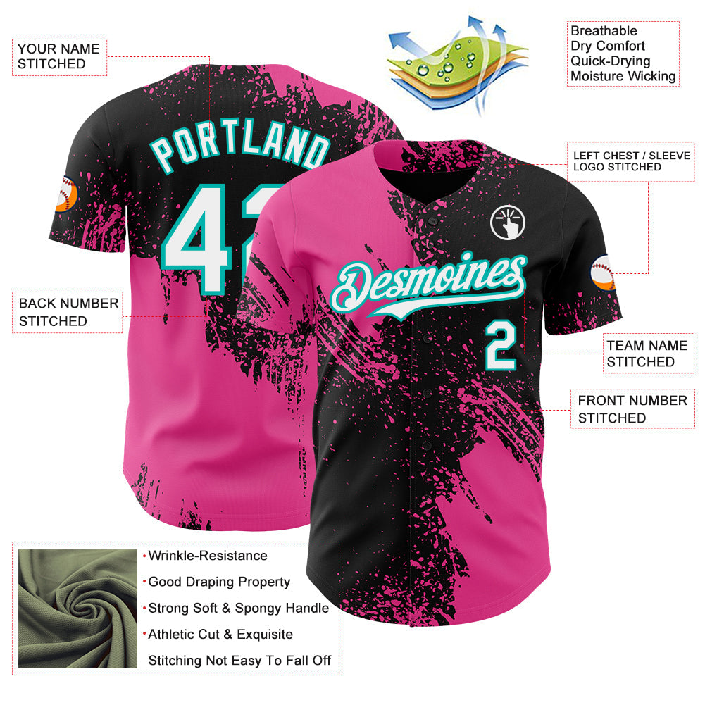 Custom Black White Pink-Aqua Abstract Brush Stroke Authentic Baseball Jersey