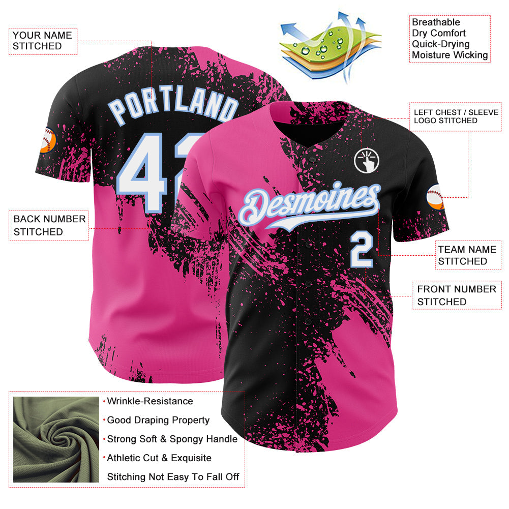 Custom Black White Pink-Light Blue Abstract Brush Stroke Authentic Baseball Jersey