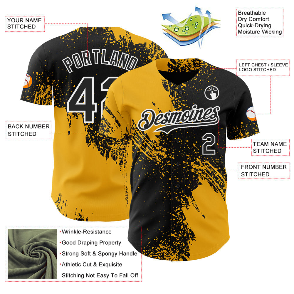 Custom Black Gold-White Abstract Brush Stroke Authentic Baseball Jersey