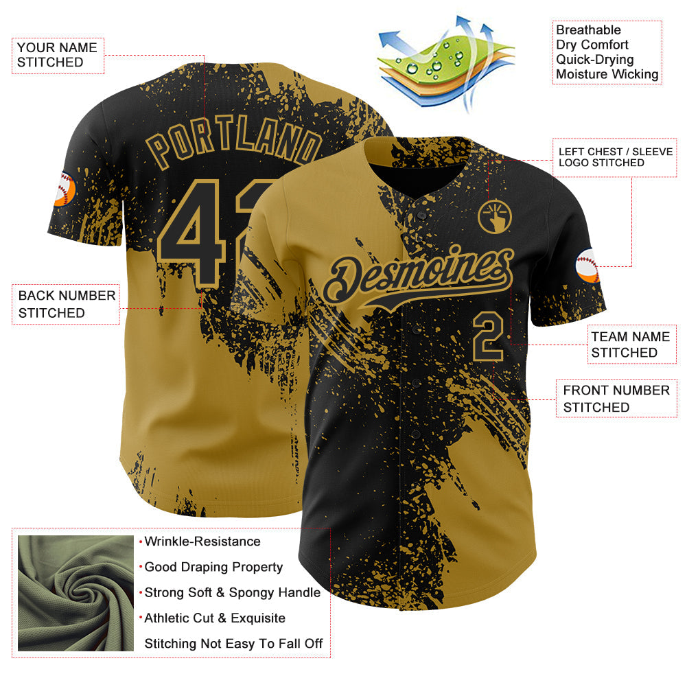 Custom Black-Old Gold Abstract Brush Stroke Authentic Baseball Jersey