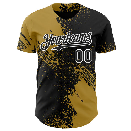 Custom Black Old Gold-White Abstract Brush Stroke Authentic Baseball Jersey