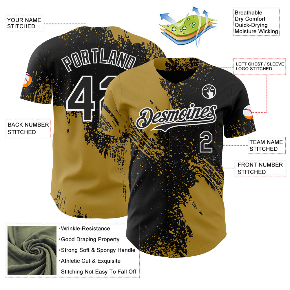 Custom Black Old Gold-White Abstract Brush Stroke Authentic Baseball Jersey