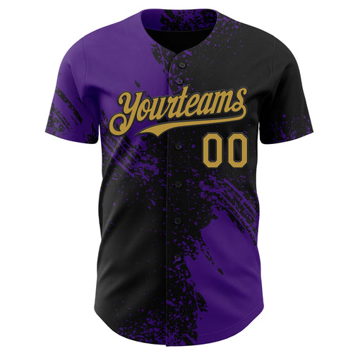 Custom Black Old Gold-Purple Abstract Brush Stroke Authentic Baseball Jersey