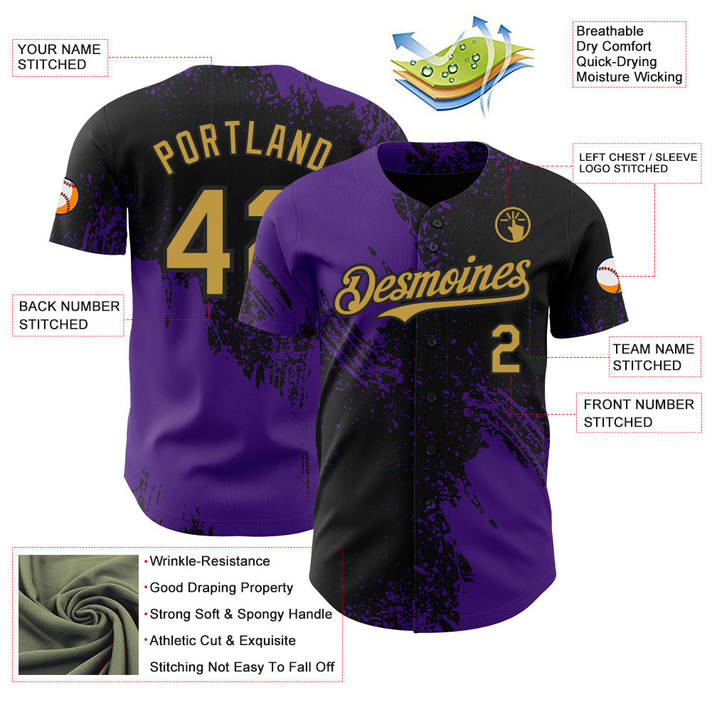 Custom Black Old Gold-Purple Abstract Brush Stroke Authentic Baseball Jersey