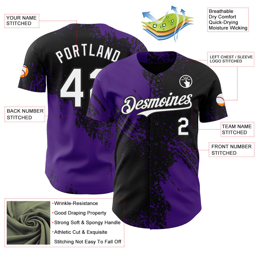 Custom Black White-Purple Abstract Brush Stroke Authentic Baseball Jersey