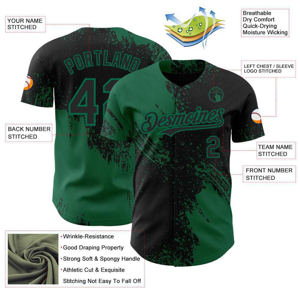 Custom Black-Kelly Green Abstract Brush Stroke Authentic Baseball Jersey