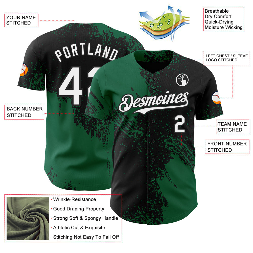 Custom Black White-Kelly Green Abstract Brush Stroke Authentic Baseball Jersey