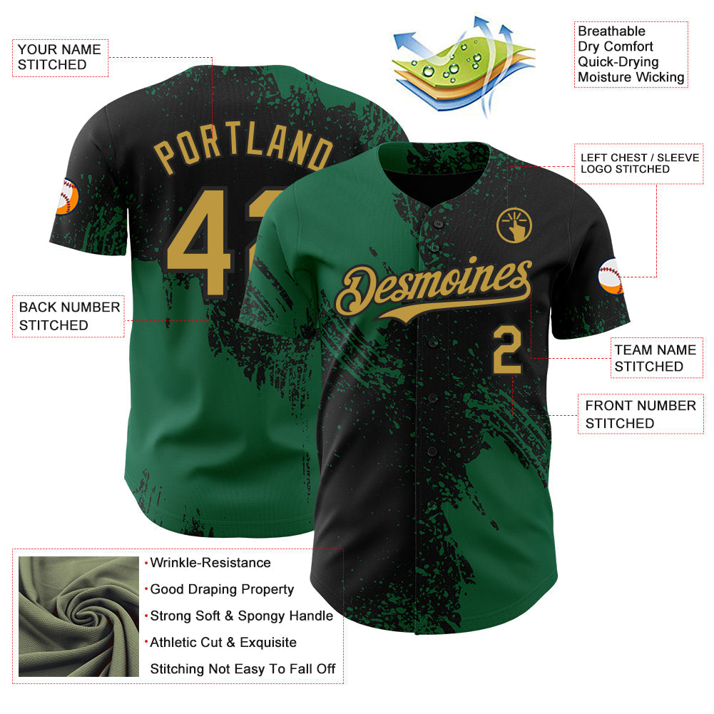 Custom Black Old Gold-Kelly Green Abstract Brush Stroke Authentic Baseball Jersey