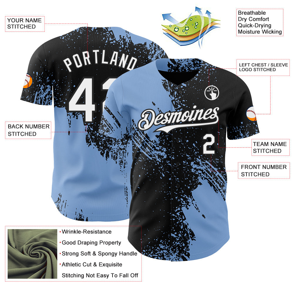 Custom Black White-Light Blue Abstract Brush Stroke Authentic Baseball Jersey