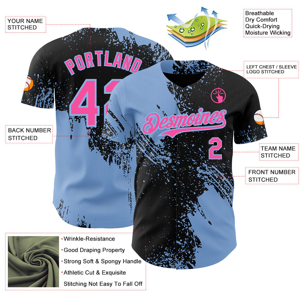 Custom Black Pink-Light Blue Abstract Brush Stroke Authentic Baseball Jersey