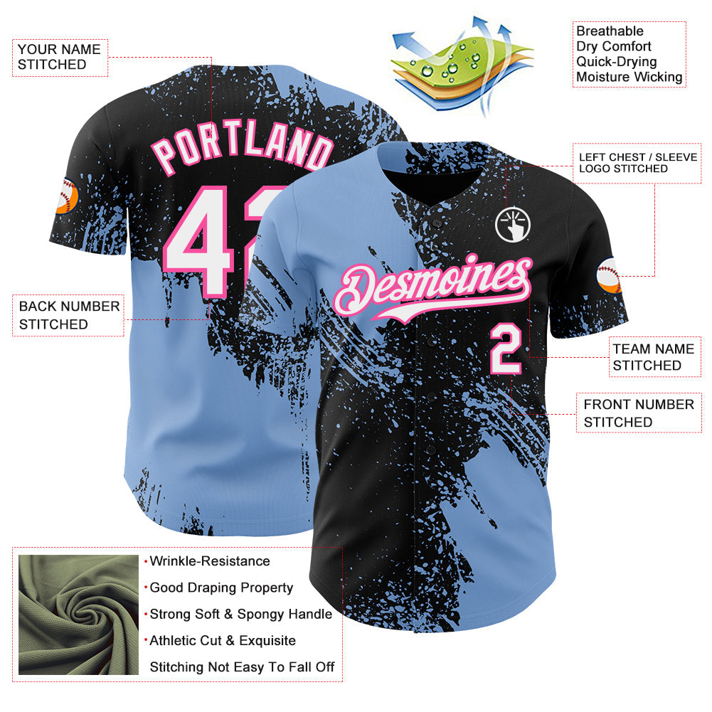 Custom Black White Light Blue-Pink Abstract Brush Stroke Authentic Baseball Jersey