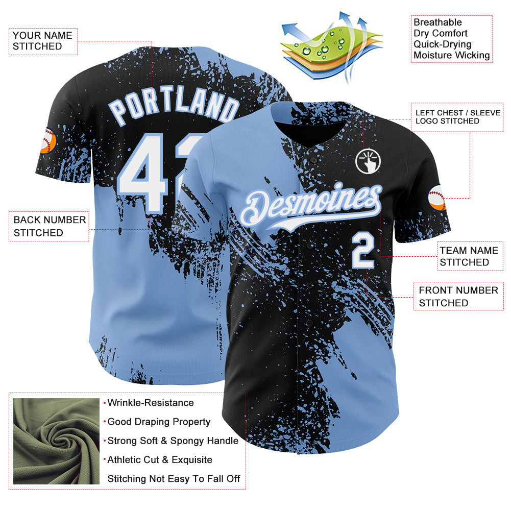 Custom Black White-Light Blue Abstract Brush Stroke Authentic Baseball Jersey