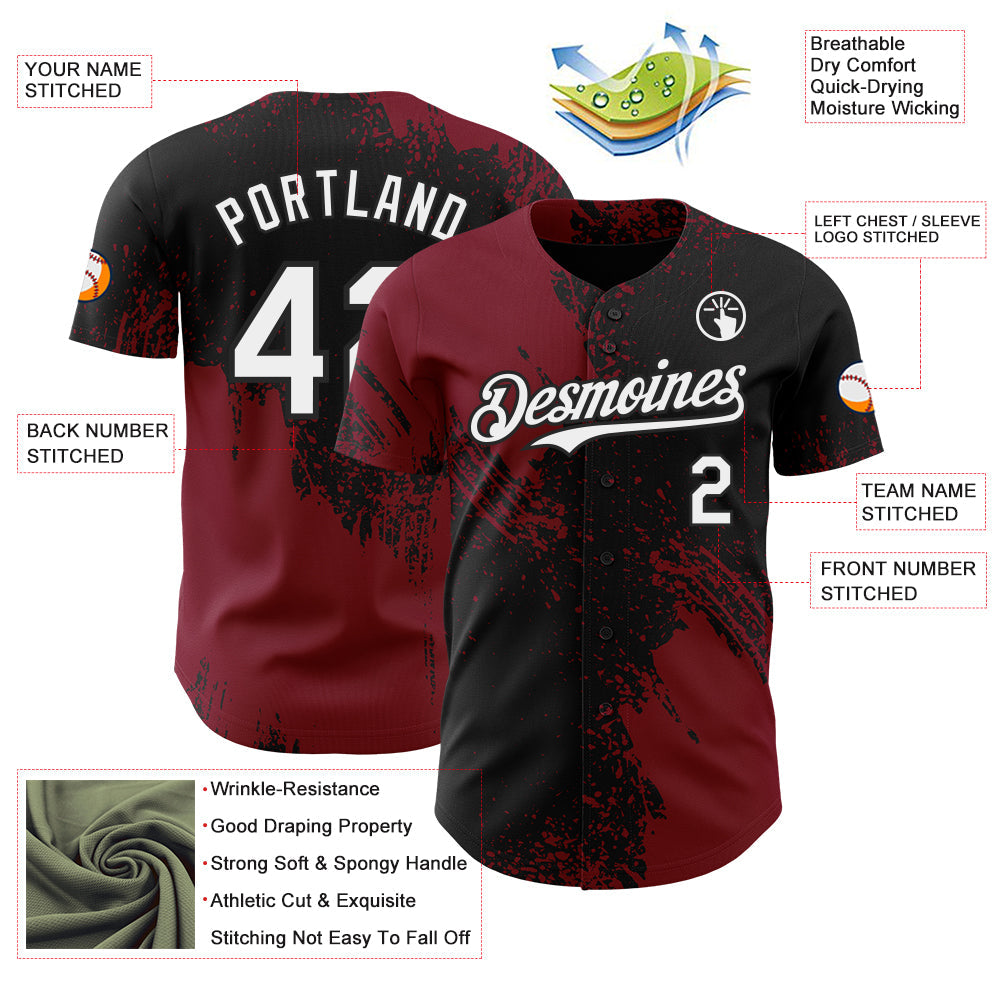 Custom Black White-Crimson Abstract Brush Stroke Authentic Baseball Jersey
