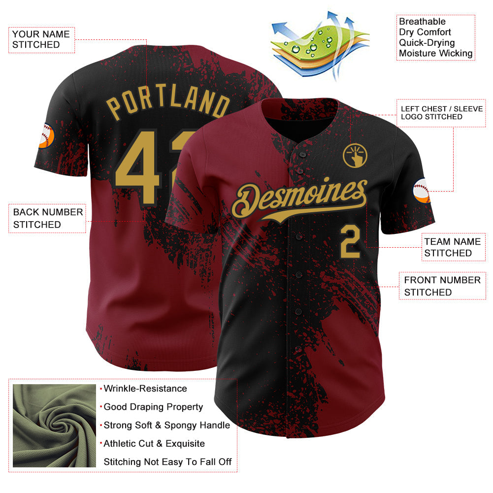 Custom Black Old Gold-Crimson Abstract Brush Stroke Authentic Baseball Jersey