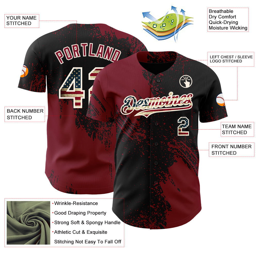 Custom Black Vintage USA Flag Crimson-Cream Abstract Brush Stroke Authentic Baseball Jersey