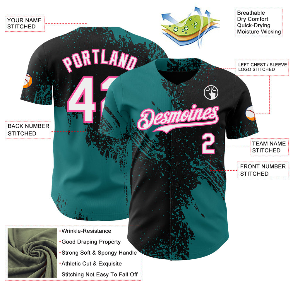 Custom Black White Teal-Pink Abstract Brush Stroke Authentic Baseball Jersey