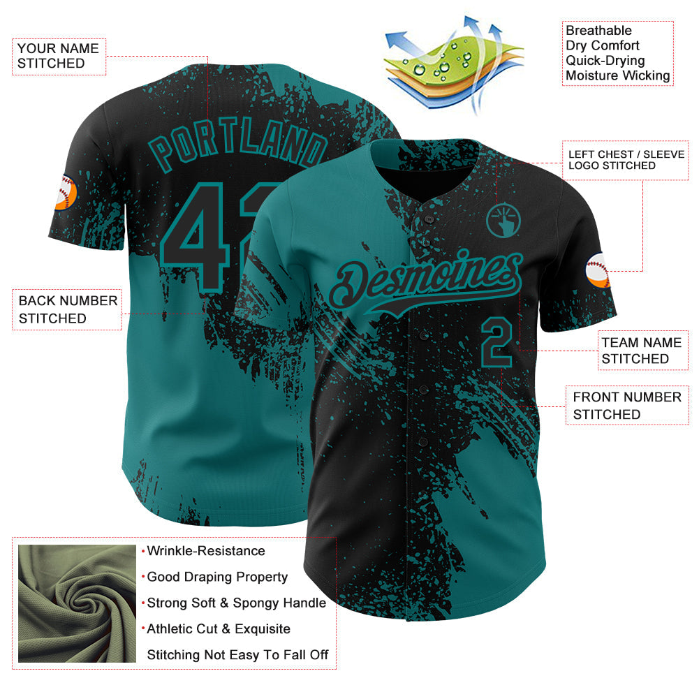 Custom Black-Teal Abstract Brush Stroke Authentic Baseball Jersey
