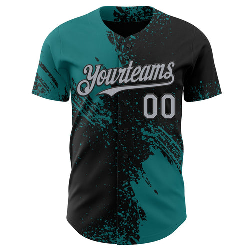 Custom Black Gray-Teal Abstract Brush Stroke Authentic Baseball Jersey