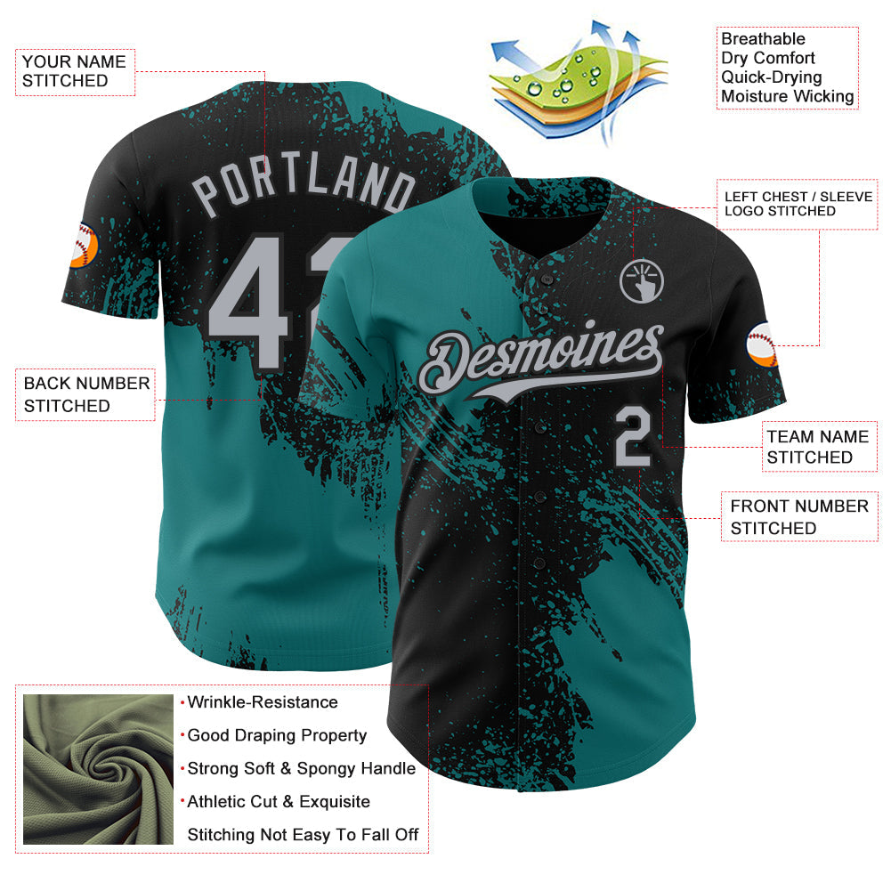 Custom Black Gray-Teal Abstract Brush Stroke Authentic Baseball Jersey