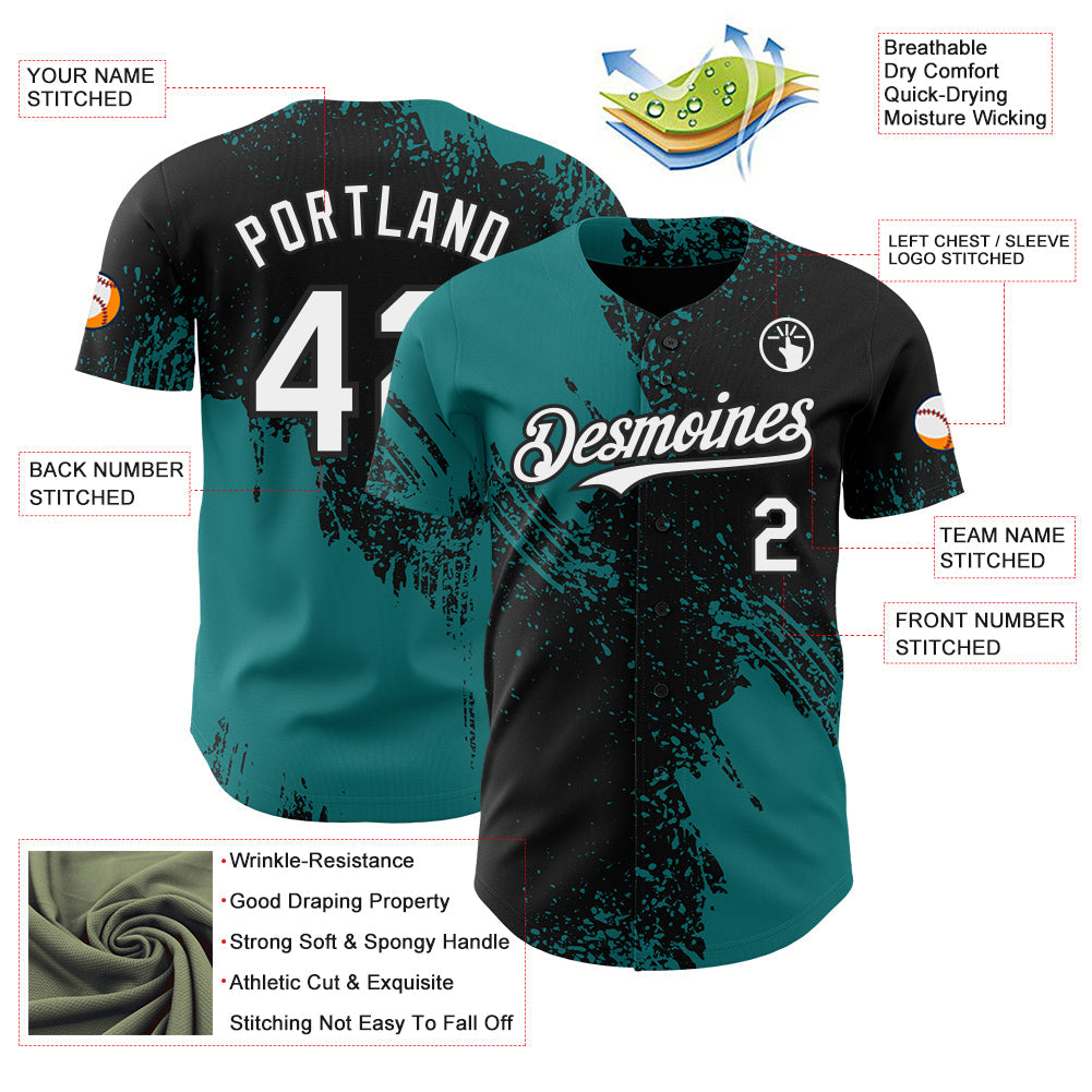 Custom Black White-Teal Abstract Brush Stroke Authentic Baseball Jersey
