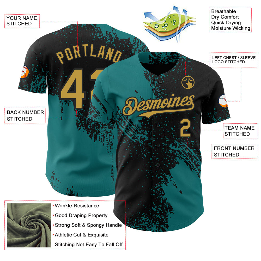 Custom Black Old Gold-Teal Abstract Brush Stroke Authentic Baseball Jersey