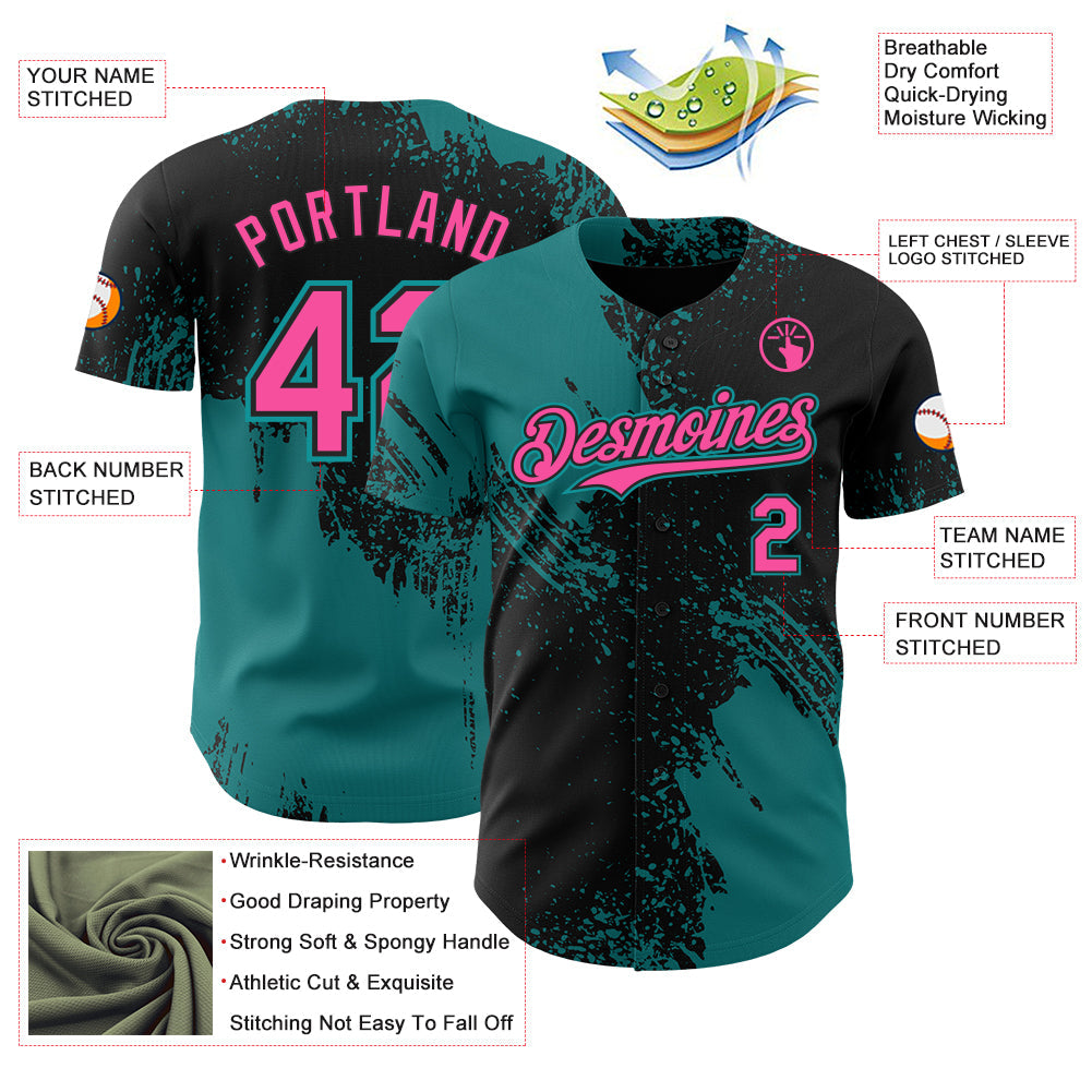 Custom Black Pink-Teal Abstract Brush Stroke Authentic Baseball Jersey