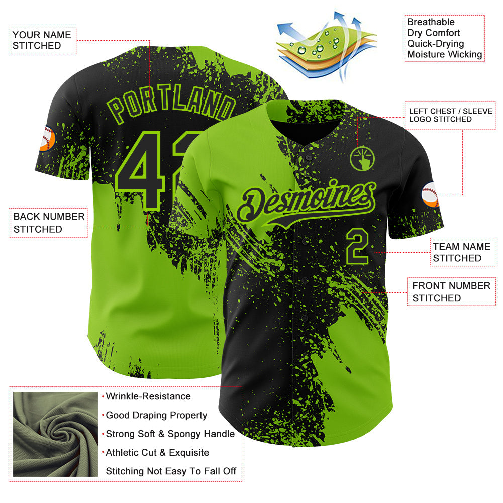 Custom Black-Neon Green Abstract Brush Stroke Authentic Baseball Jersey