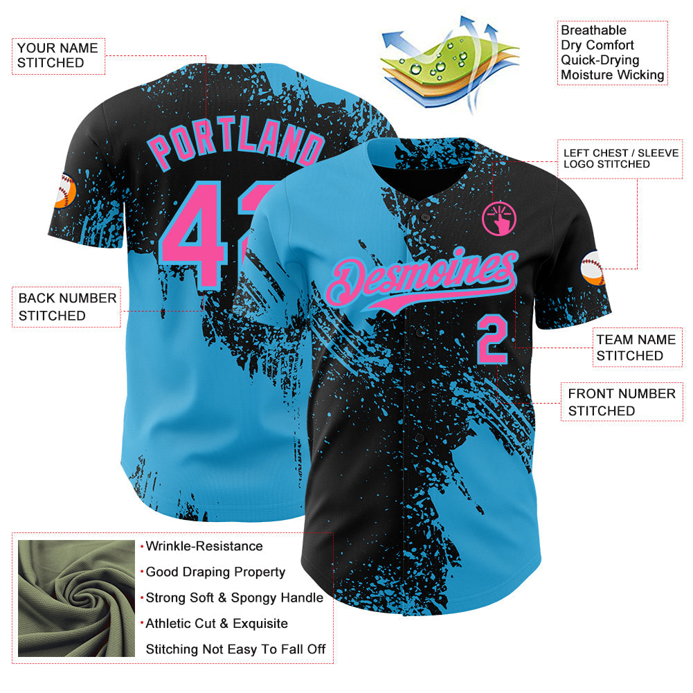 Custom Black Pink-Sky Blue Abstract Brush Stroke Authentic Baseball Jersey