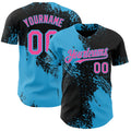 Custom Black Pink-Sky Blue Abstract Brush Stroke Authentic Baseball Jersey
