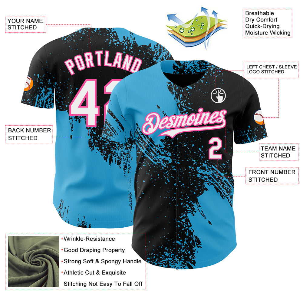 Custom Black White Sky Blue-Pink Abstract Brush Stroke Authentic Baseball Jersey