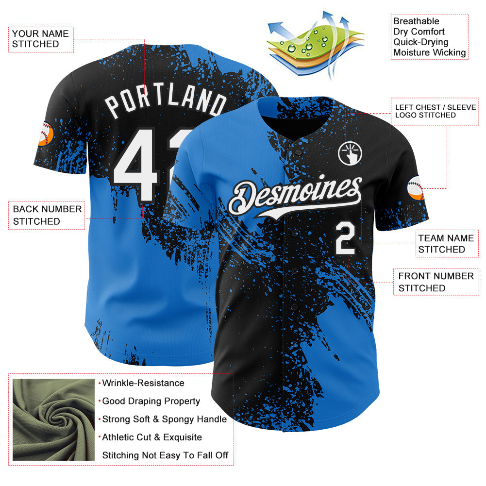 Custom Black White-Electric Blue Abstract Brush Stroke Authentic Baseball Jersey