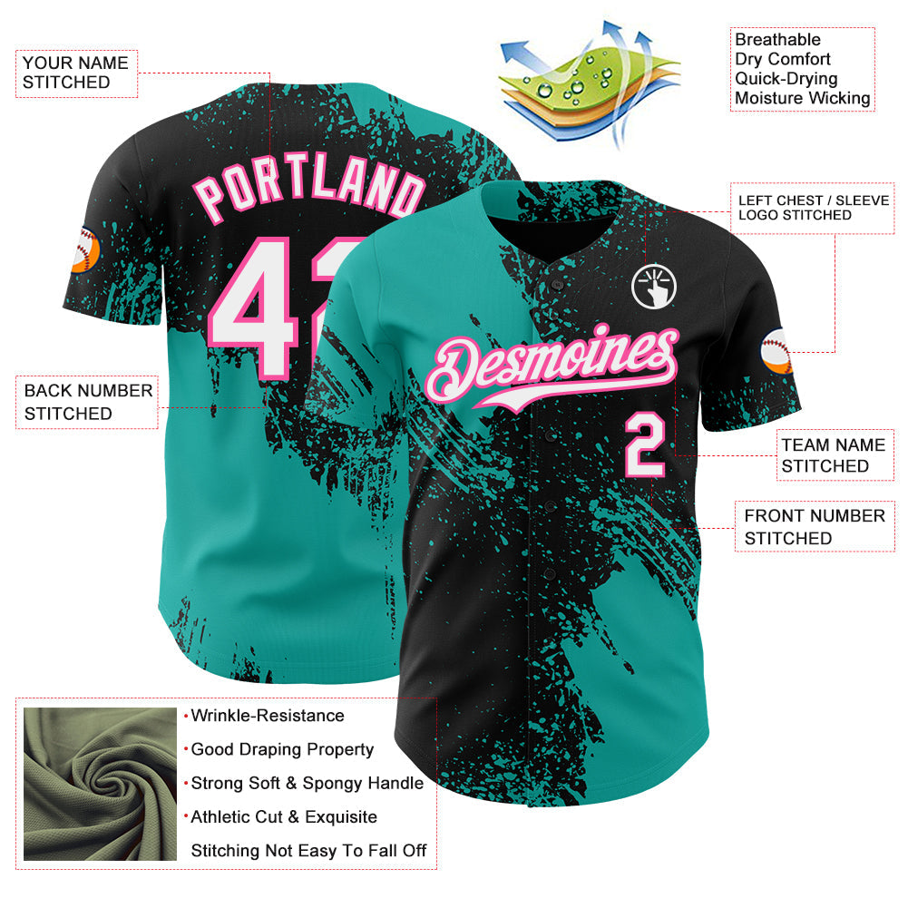 Custom Black White Aqua-Pink Abstract Brush Stroke Authentic Baseball Jersey