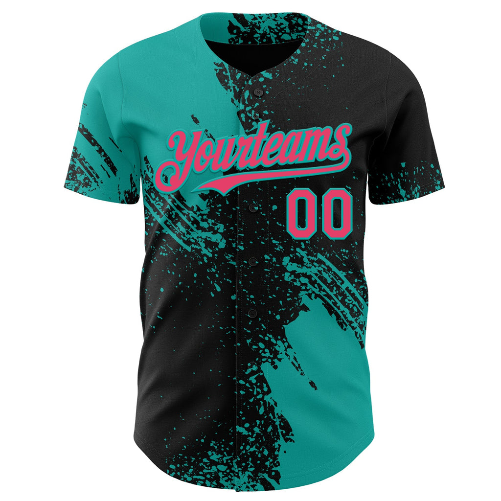 Custom Black Neon Pink-Aqua Abstract Brush Stroke Authentic Baseball Jersey
