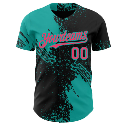 Custom Black Neon Pink-Aqua Abstract Brush Stroke Authentic Baseball Jersey