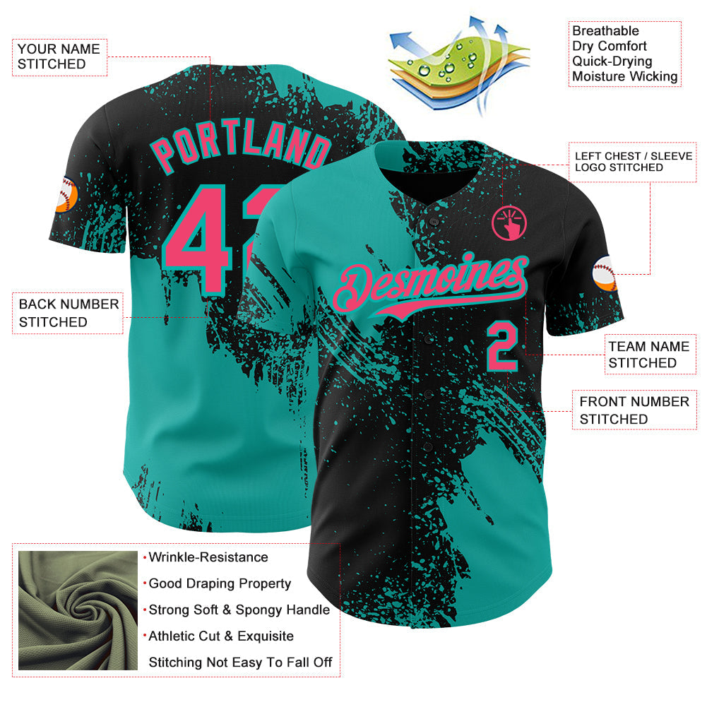 Custom Black Neon Pink-Aqua Abstract Brush Stroke Authentic Baseball Jersey